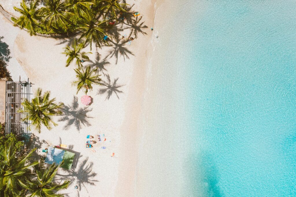 Aerial view of a tropical Hawaiian beach with palm trees and turquoise waters.